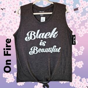 On Fire Black Is Beautiful Charcoal & White Graphic Tie Front T-Shirt Sz 3X.